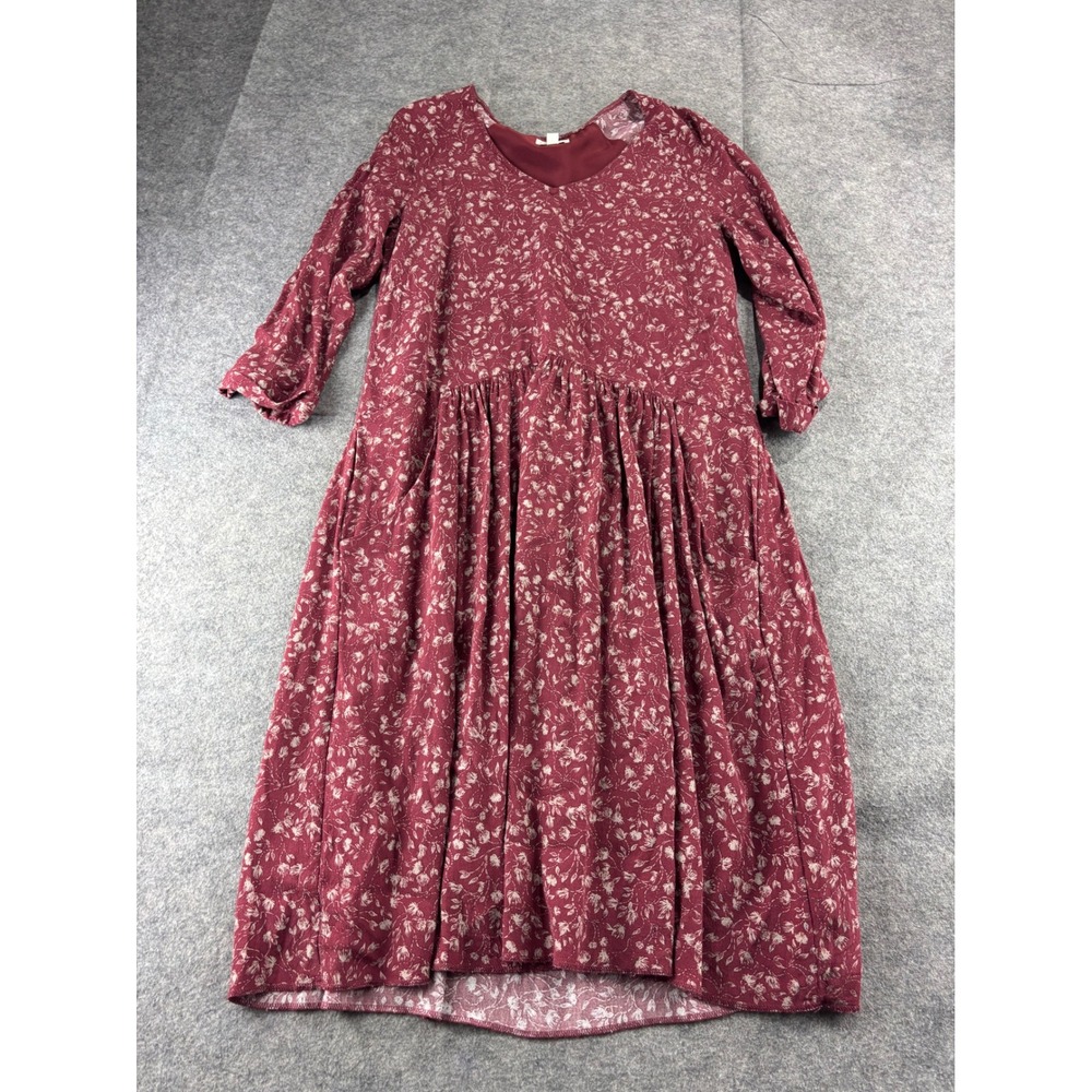 Garnet Hill Burgundy Floral V-Neck Midi Dress 3/4 Sleeve Size‎ 4 Boho Peasant